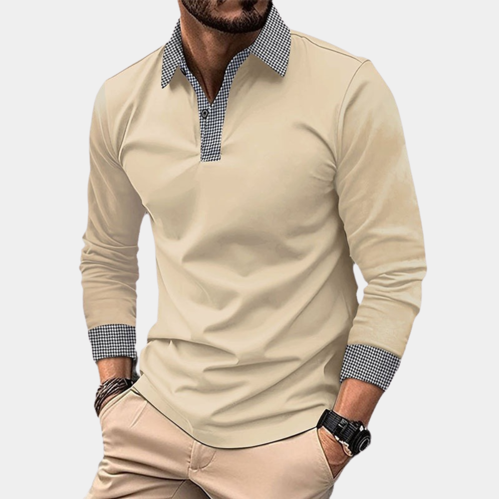 Men's long sleeve polo shirt in cotton blend for casual comfort & style. Versatile everyday wear.
