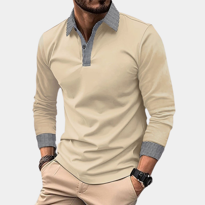 Men's long sleeve polo shirt in cotton blend for casual comfort & style. Versatile everyday wear.