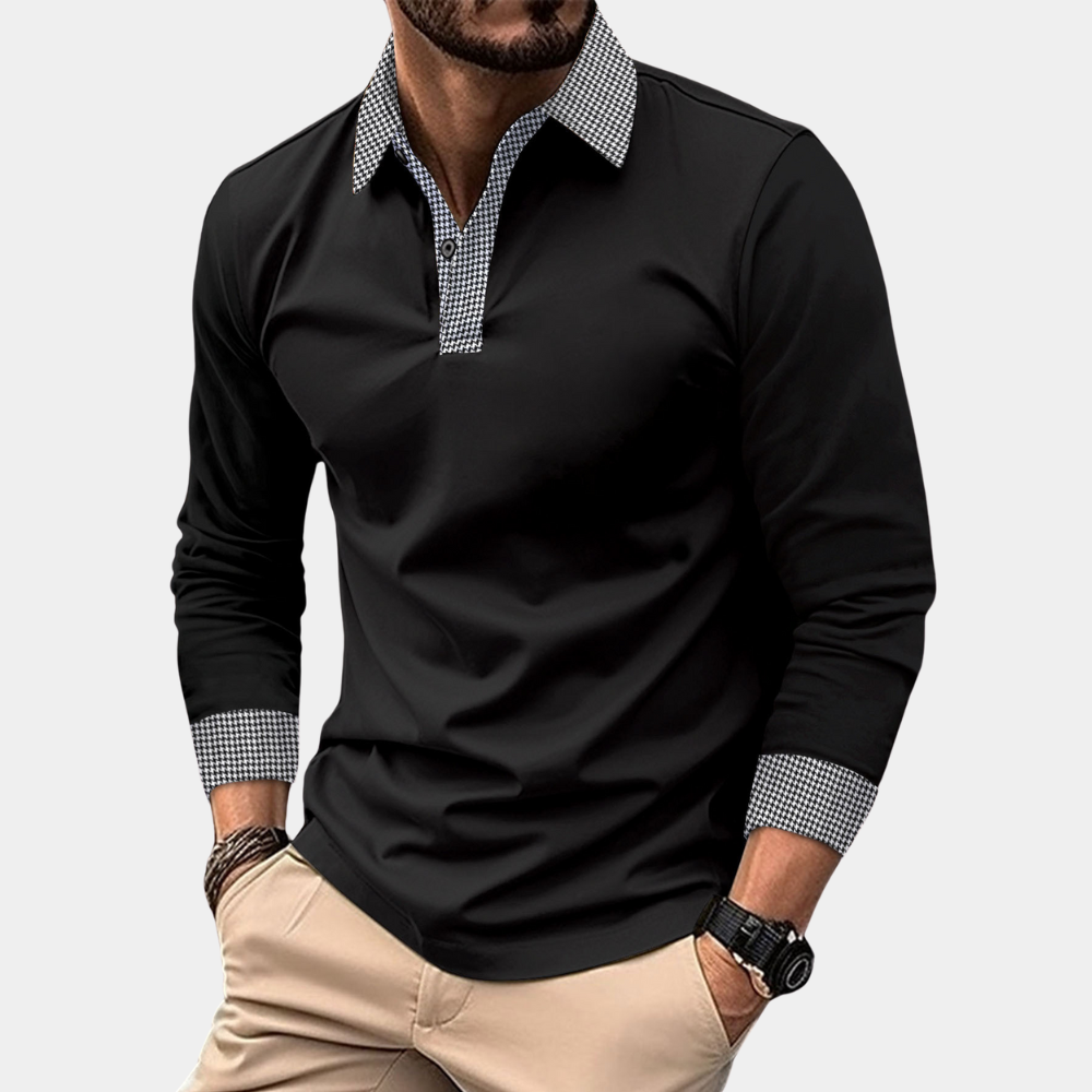 Stylish men's long sleeve polo, ideal for fall & winter casual outfits. Comfortable cotton blend top.