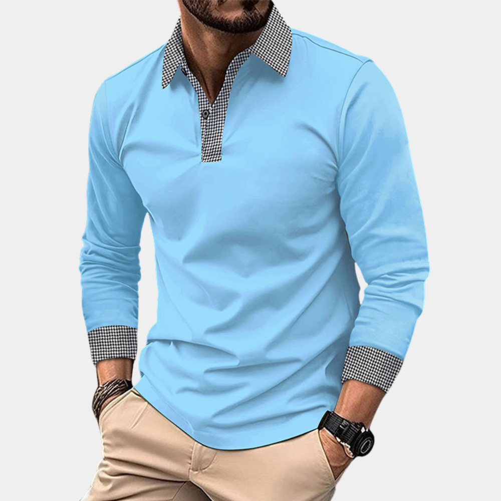 Versatile men's long sleeve polo shirt for casual comfort. Essential cotton blend top for fall fashion.