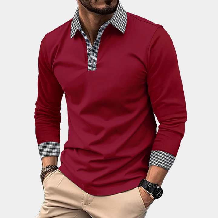 Soft cotton blend long sleeve polo for men. Casual, comfortable, and perfect for fall & winter outfits.