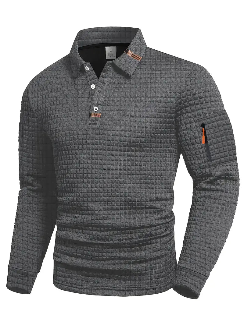 Men's long sleeve polo shirt, textured fabric, button placket, and sleeve pocket for casual smart style.