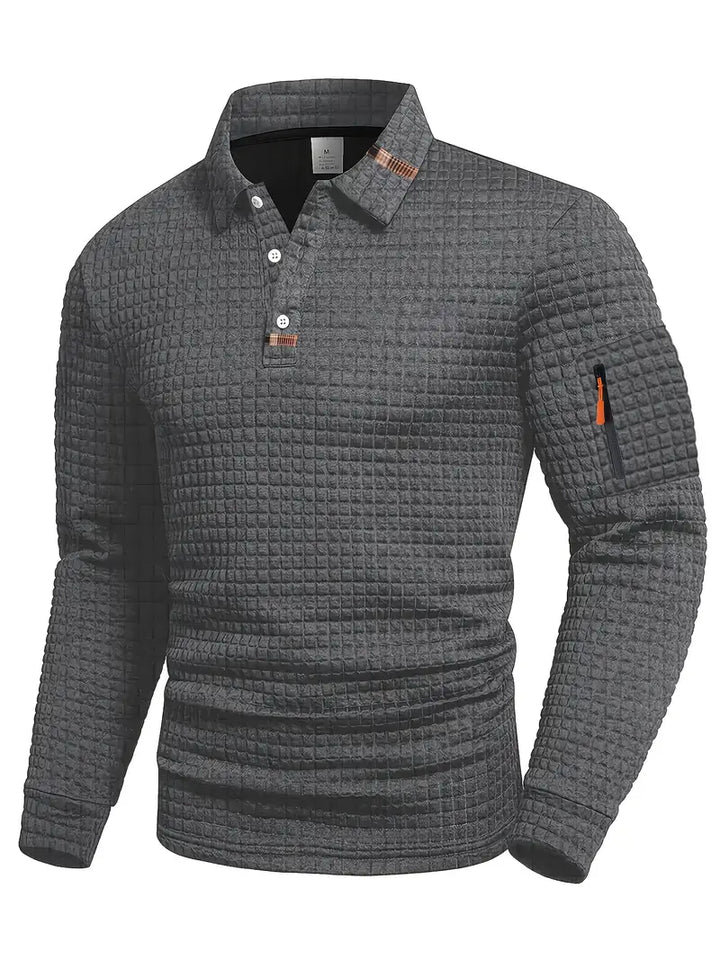 Men's long sleeve polo shirt, textured fabric, button placket, and sleeve pocket for casual smart style.