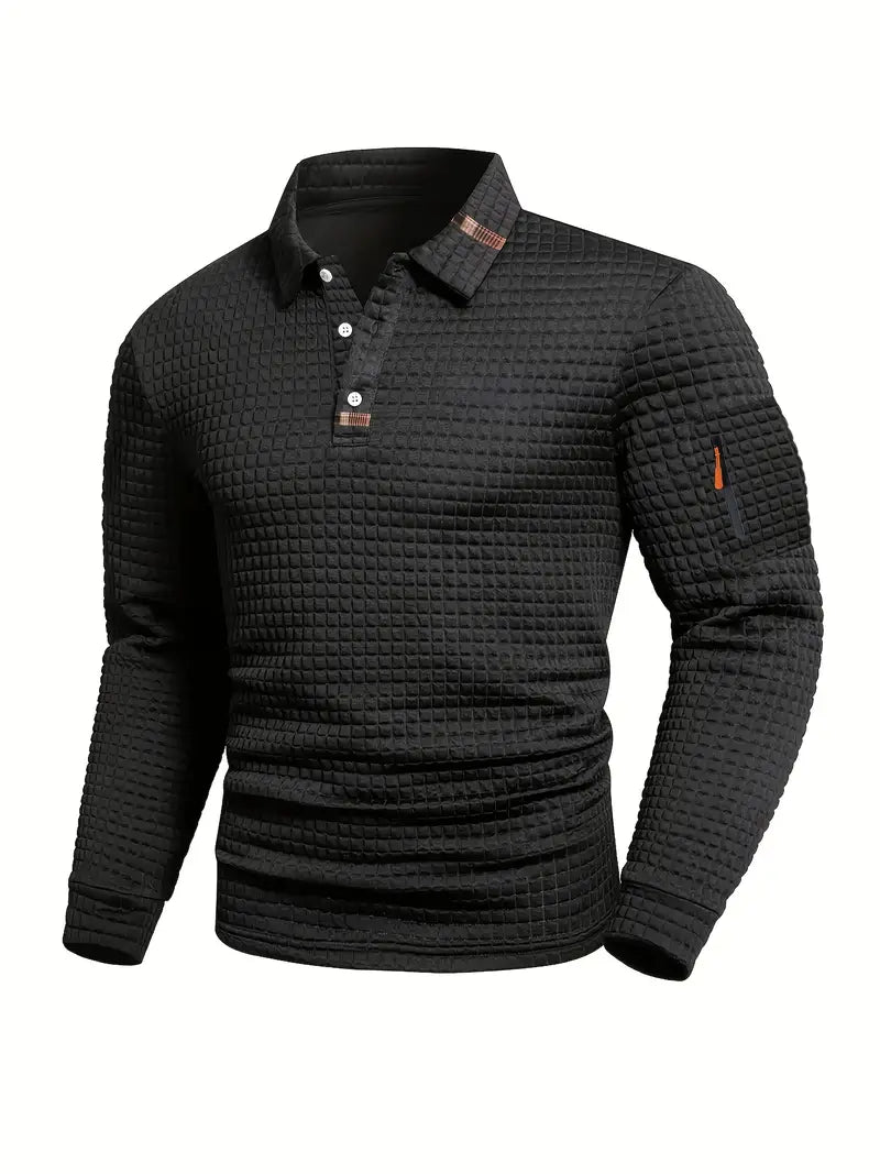 Comfortable men's long sleeve polo shirt with textured weave, button placket. Ideal for casual fashion.