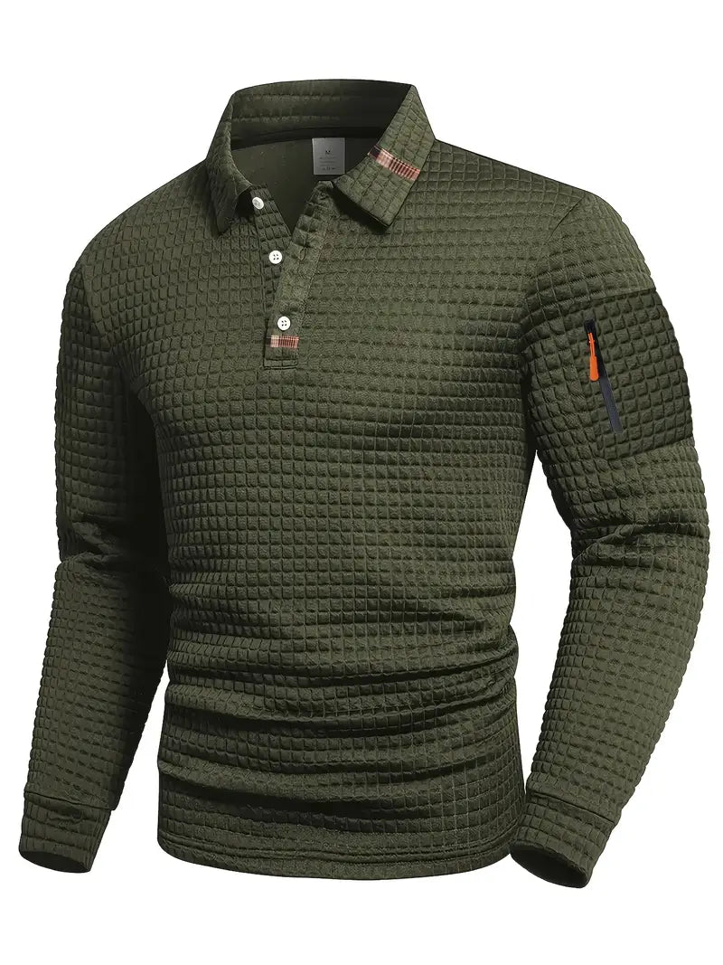 Smart casual men's long sleeve polo shirt, featuring a button placket & convenient sleeve pocket.