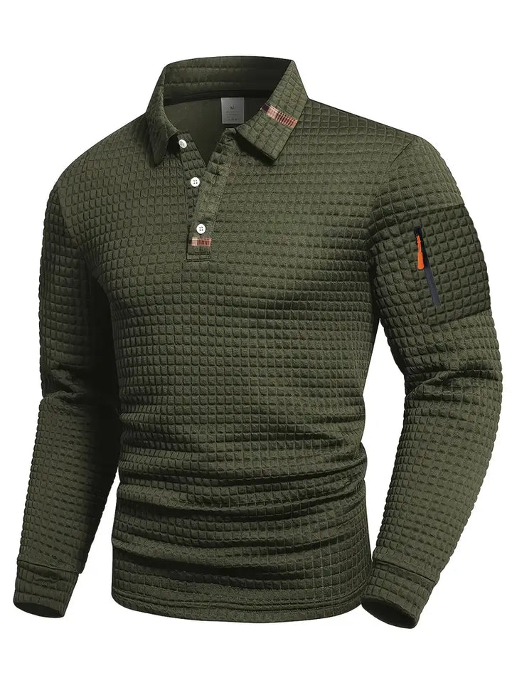Smart casual men's long sleeve polo shirt, featuring a button placket & convenient sleeve pocket.