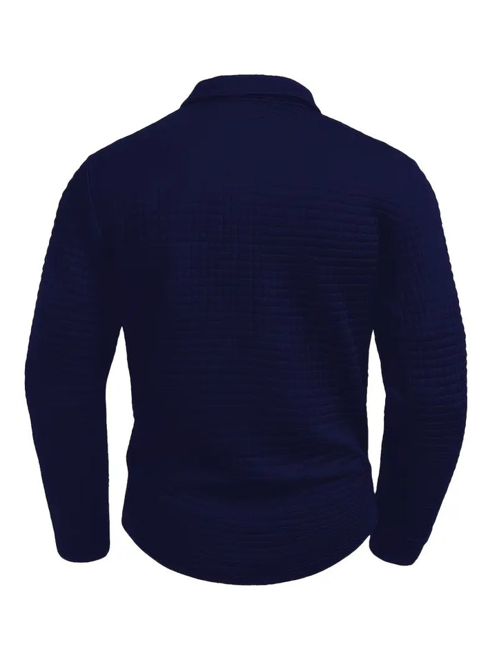 Textured men's long sleeve polo shirt, casual yet smart with a button placket. Men's fashion essential.