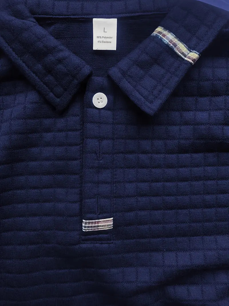 Classic men's long sleeve polo, comfortable textured fabric & practical sleeve pocket for daily wear.