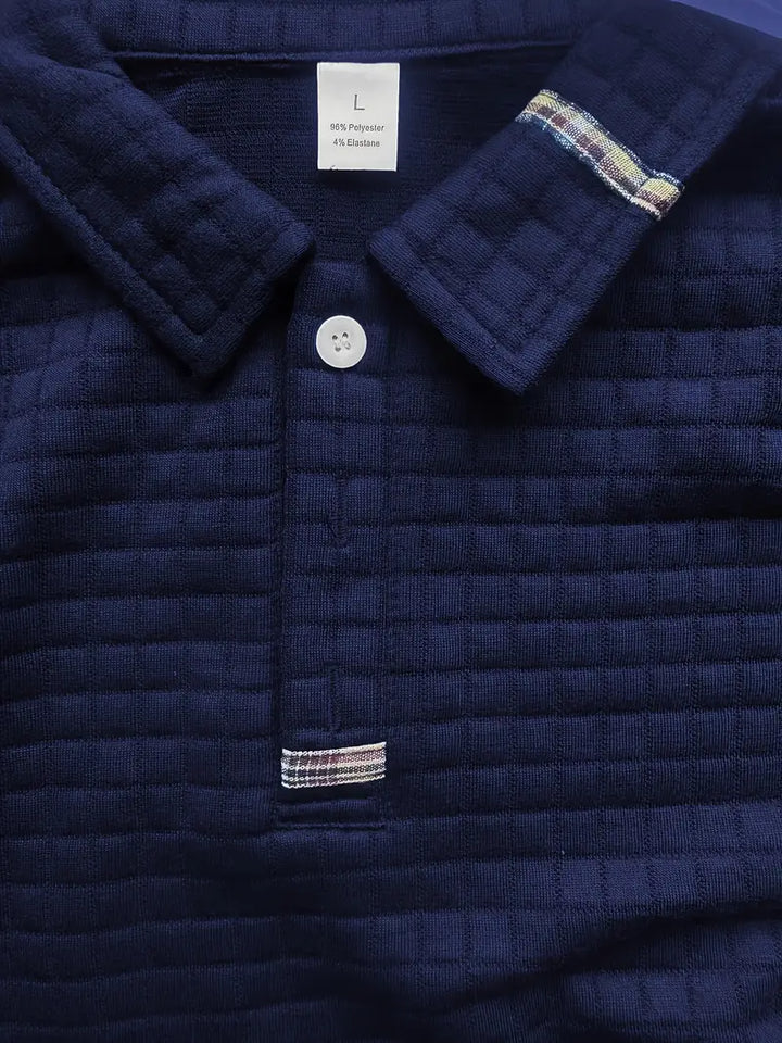 Classic men's long sleeve polo, comfortable textured fabric & practical sleeve pocket for daily wear.