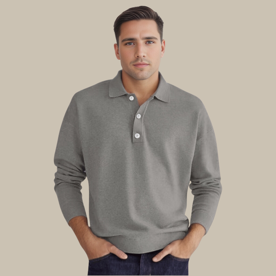 Elegant men's knit polo top with long sleeves, a classic jumper for smart autumn & winter fashion. Comfortable & stylish.