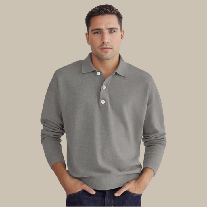Elegant men's knit polo top with long sleeves, a classic jumper for smart autumn & winter fashion. Comfortable & stylish.
