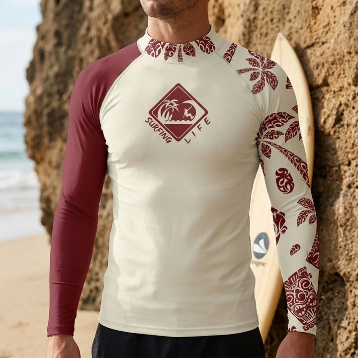Men's long-sleeve rash guard, ideal for watersports, offering sun protection and comfort.