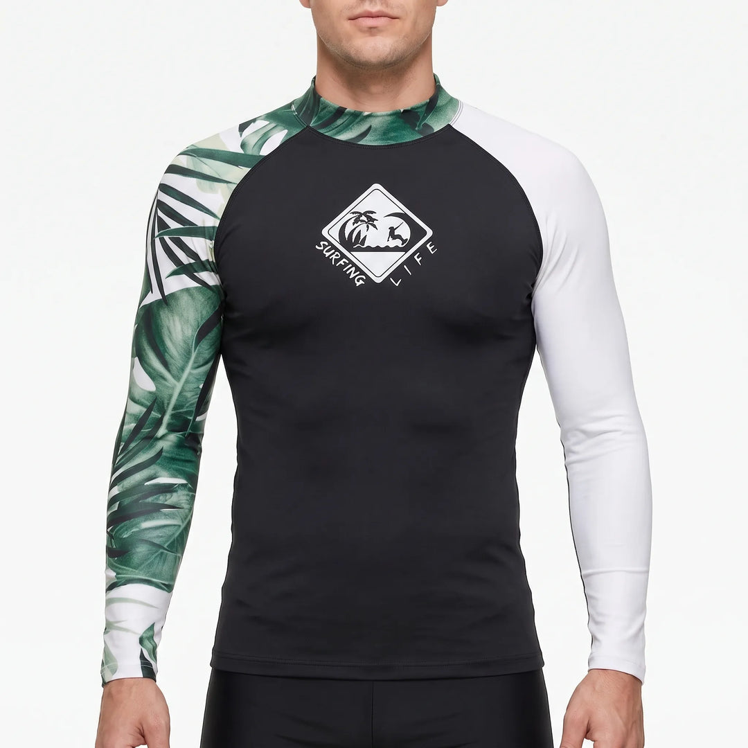 Lightweight men's long-sleeve rash guard, flexible swimwear for ultimate freedom in water sports.