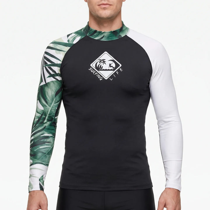 Lightweight men's long-sleeve rash guard, flexible swimwear for ultimate freedom in water sports.