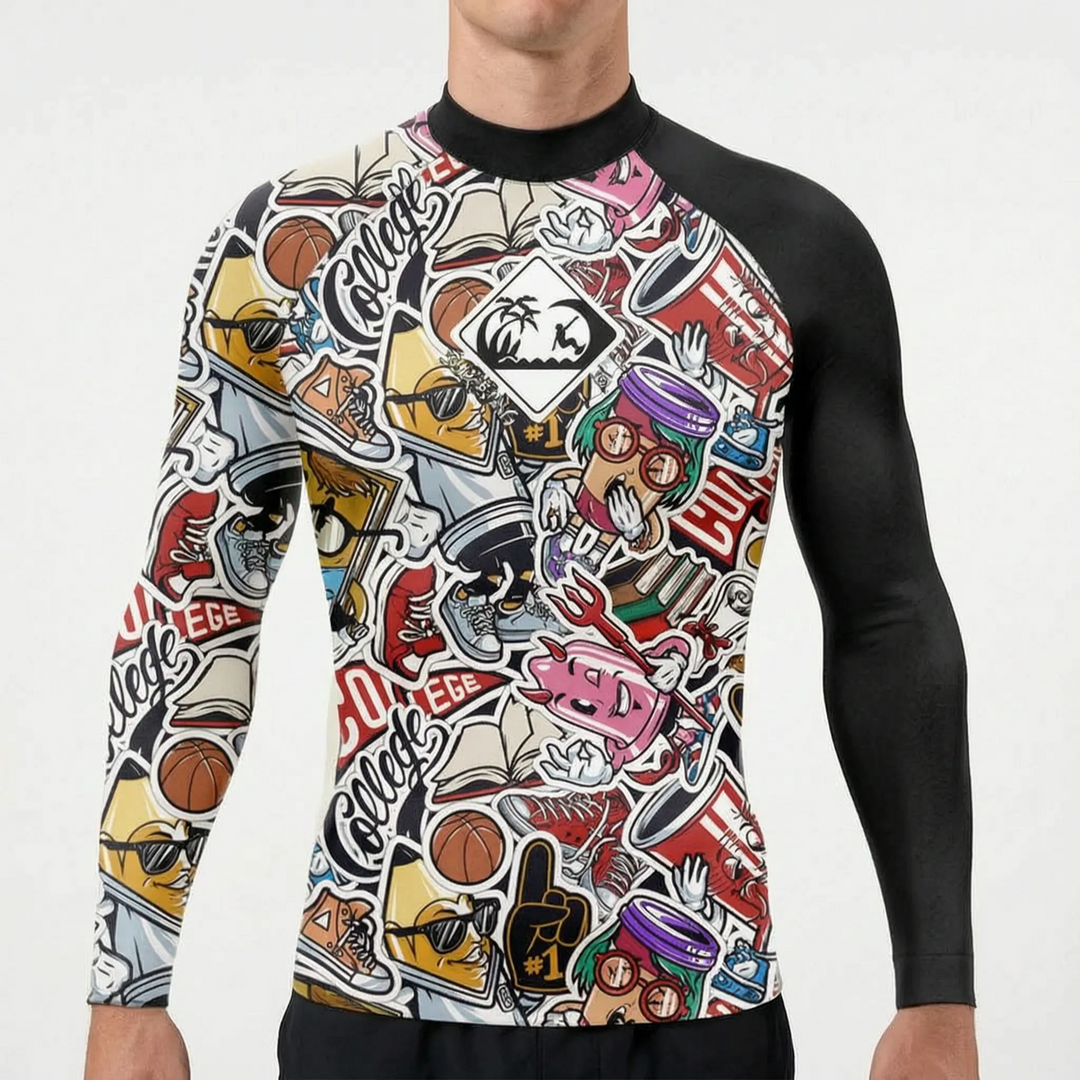 Men's long-sleeve rash guard, providing superior water comfort and essential UV protection.
