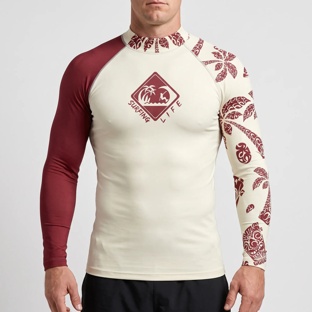 Performance men's long-sleeve rash guard, quick-dry, snug fit for active swimming and surfing.