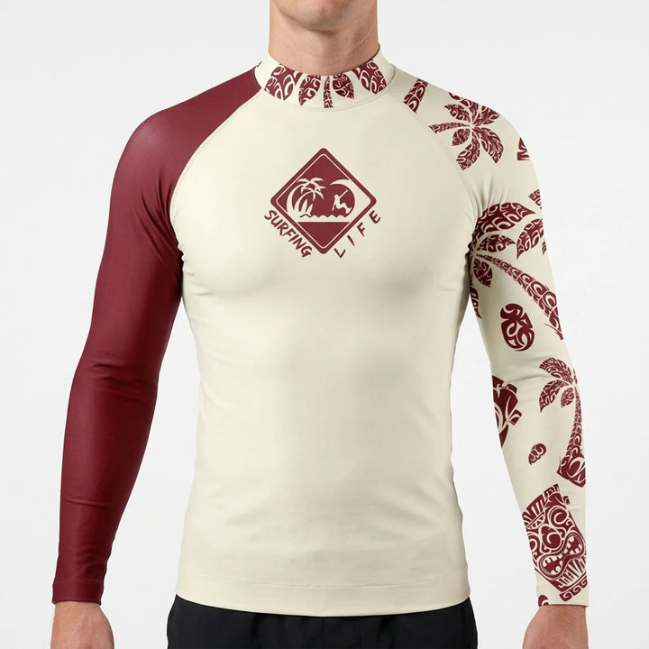 Surfing men's long-sleeve rash guard, quick-dry athletic top for wave riding and watersports comfort.