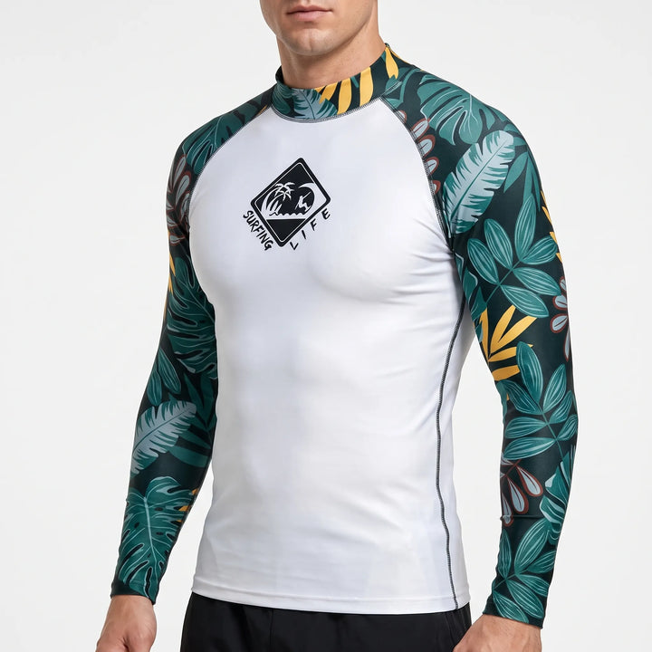 Snug fit men's long-sleeve rash guard, athletic swimwear for sleek performance in water.