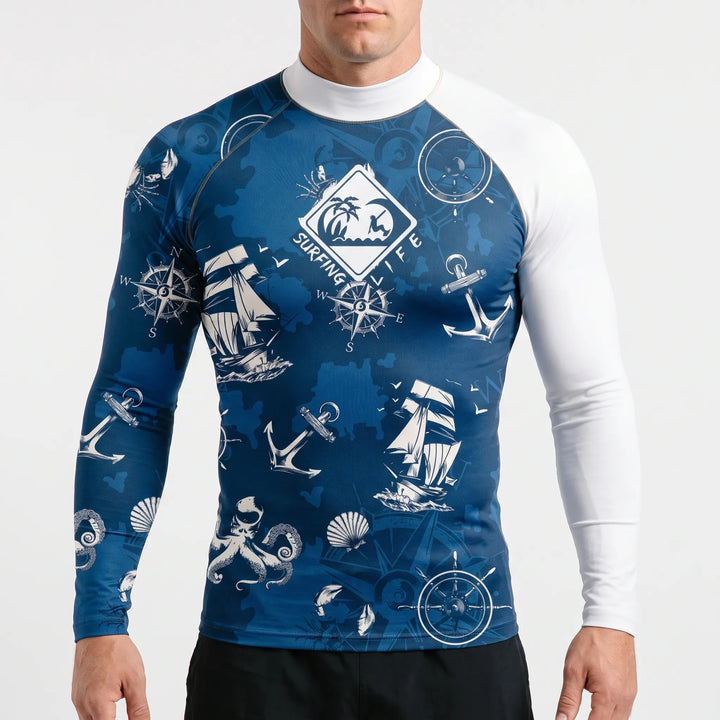 Versatile men's long-sleeve rash guard for swimming, surfing, and various watersports activities.