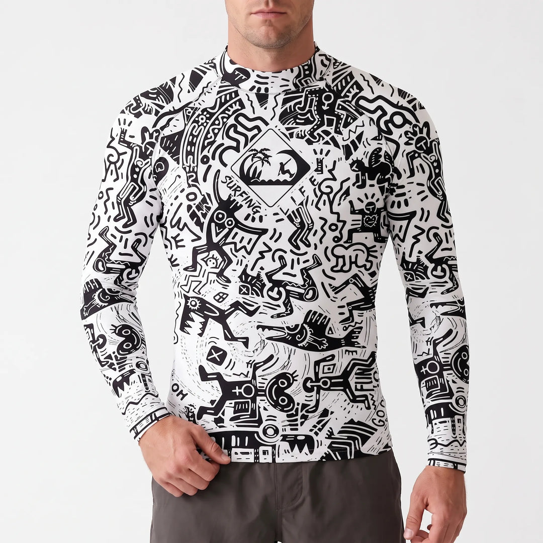 Comfortable men's long-sleeve rash guard, soft athletic top for extended water and beach activities.