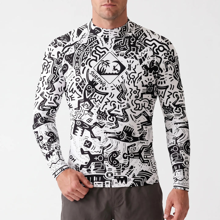 Comfortable men's long-sleeve rash guard, soft athletic top for extended water and beach activities.