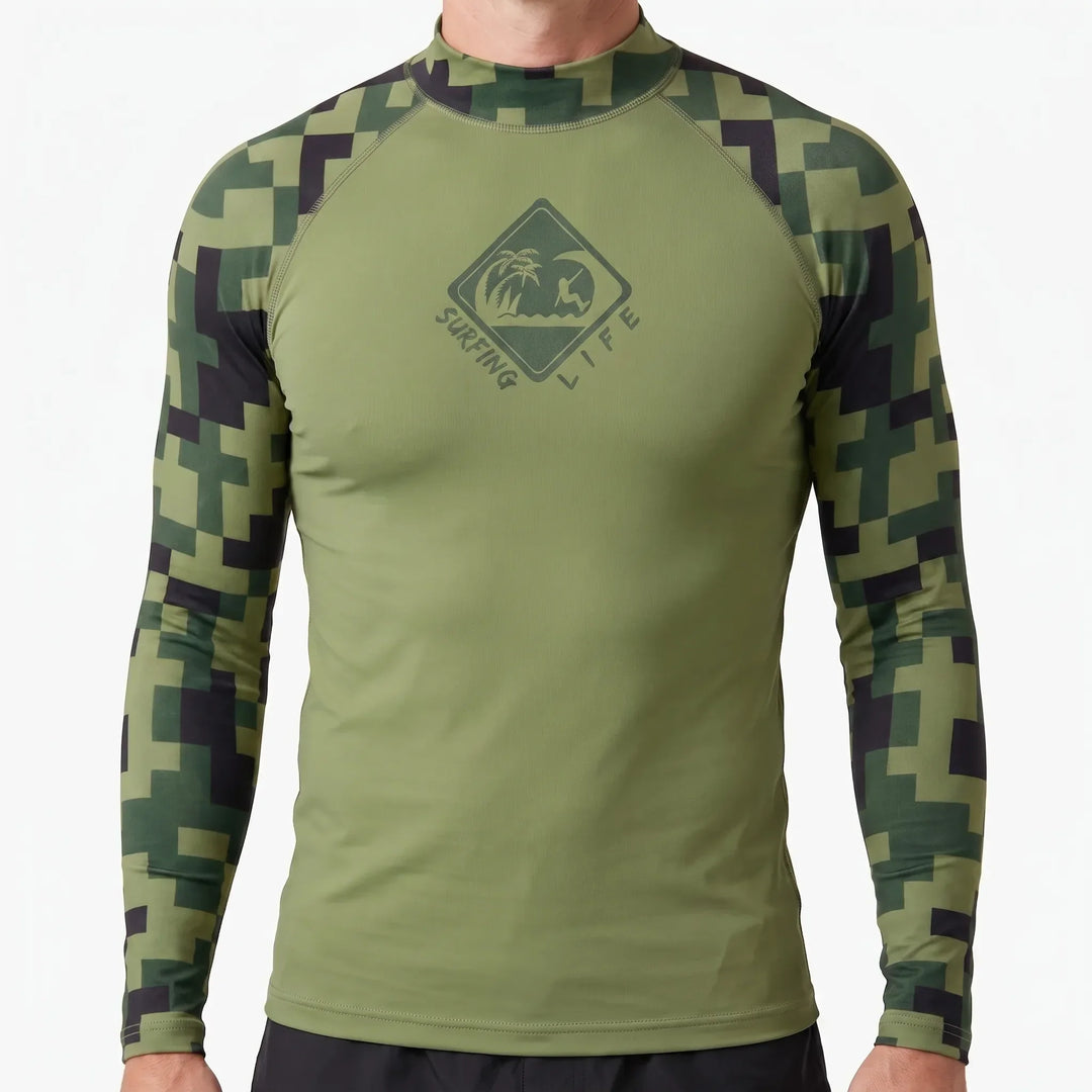Quick-dry men's long-sleeve rash guard, essential activewear for water sports and outdoor protection.