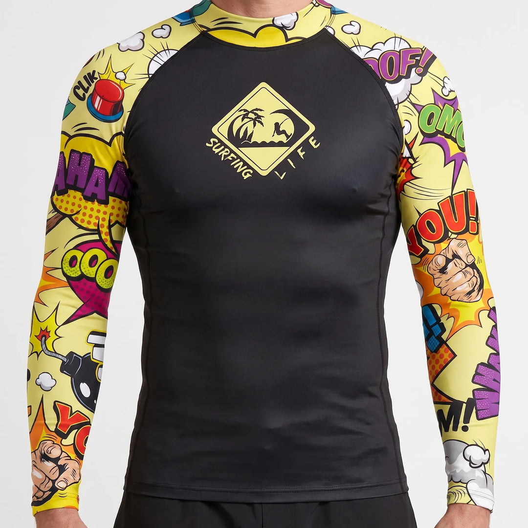 Durable men's long-sleeve rash guard, superior sun protection and comfort for all watersports.