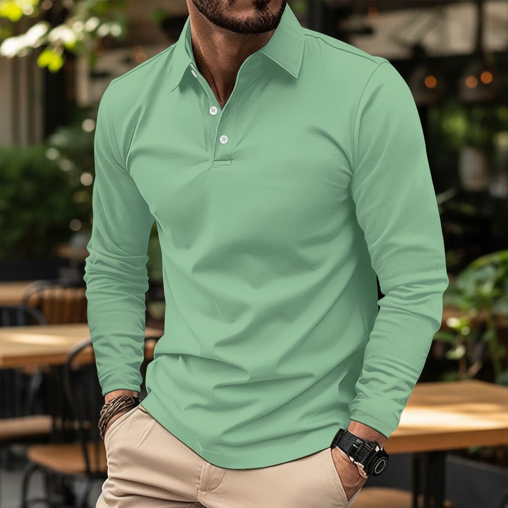Men's long sleeve stretch polo shirt in navy, ideal for versatile casual & business wear.