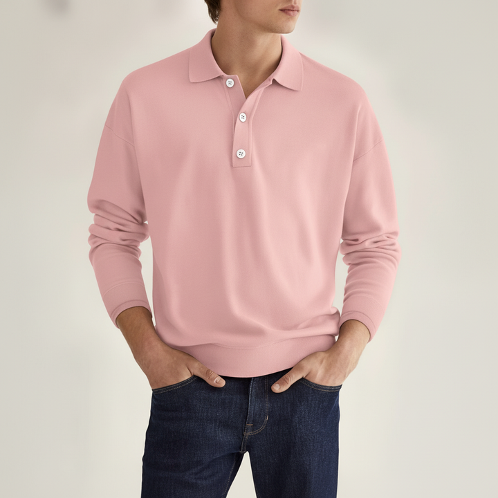 Stylish men's long sleeve polo in white, made from a comfortable stretch cotton blend.