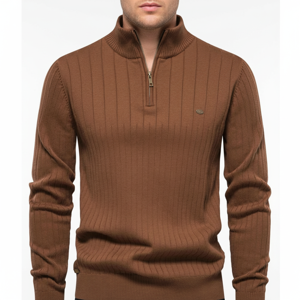 Elegant gray men's zip neck sweater with long sleeves, offering warmth and breathability.