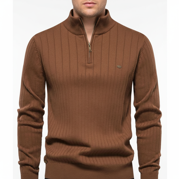 Elegant gray men's zip neck sweater with long sleeves, offering warmth and breathability.