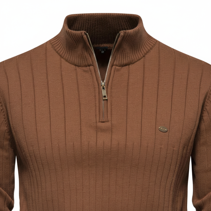 Close-up of a men's long-sleeve zip neck sweater in black, showing the high-quality cotton blend fabric.