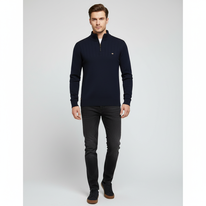 Stylish men's olive green long-sleeve sweater with zip neck, a versatile piece for men's apparel.