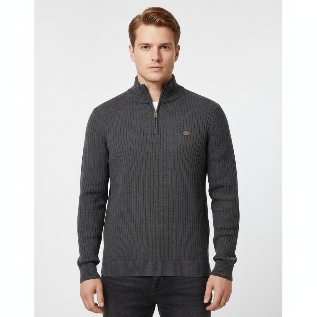 Warm cotton blend men's long-sleeve zip neck sweater in a rich burgundy color, front view.