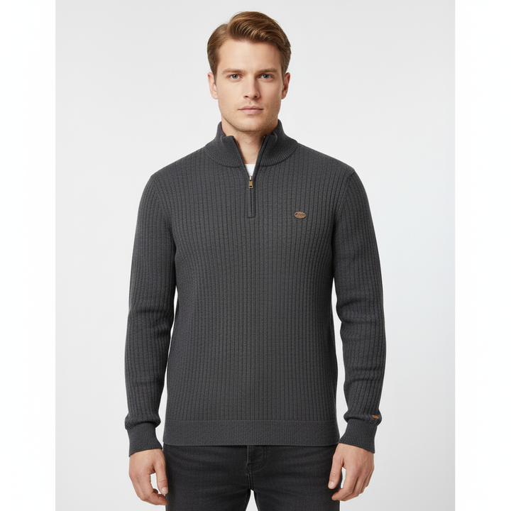 Warm cotton blend men's long-sleeve zip neck sweater in a rich burgundy color, front view.