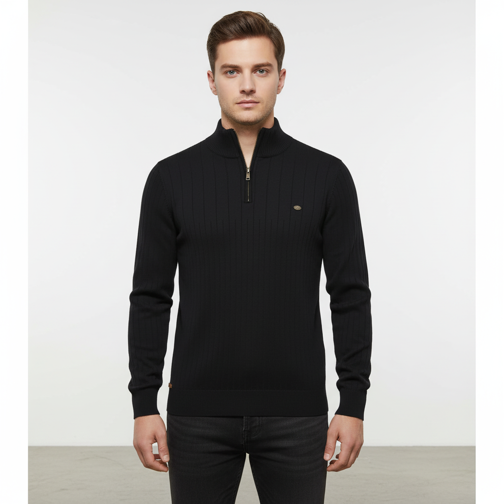 Breathable men's long-sleeve zip neck sweater, designed for comfort and modern men's fashion.