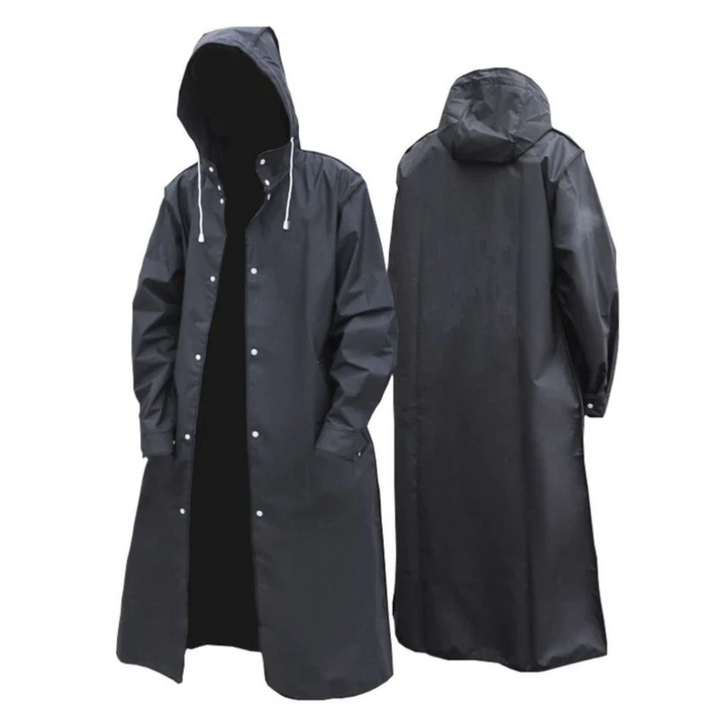 Men's long waterproof rain jacket with hood, ideal for all seasons & ultimate rain protection.