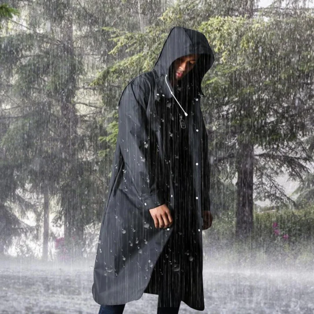 Stylish men's durable waterproof raincoat, a long hooded jacket perfect for all-weather outerwear.