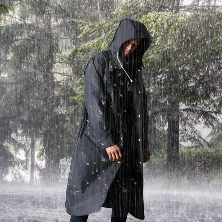 Stylish men's durable waterproof raincoat, a long hooded jacket perfect for all-weather outerwear.