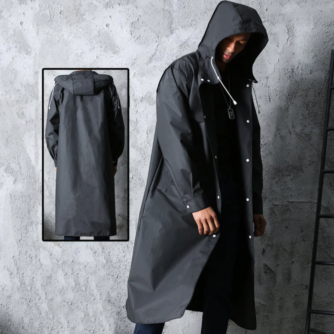 Men's all-weather long hooded raincoat providing waterproof protection & stylish rainwear for men.