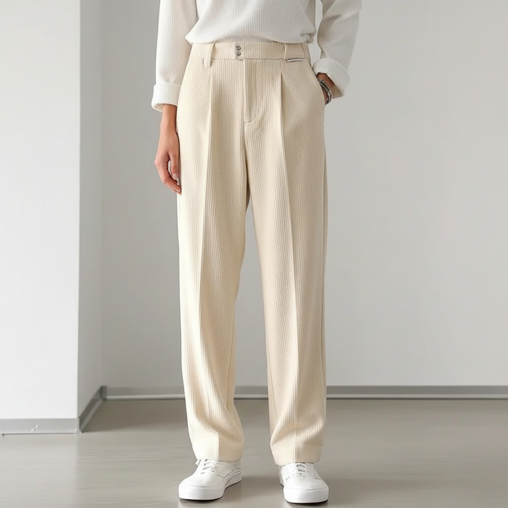 Max men's loose fit casual trousers in a neutral color, made from comfortable polyester cotton blend