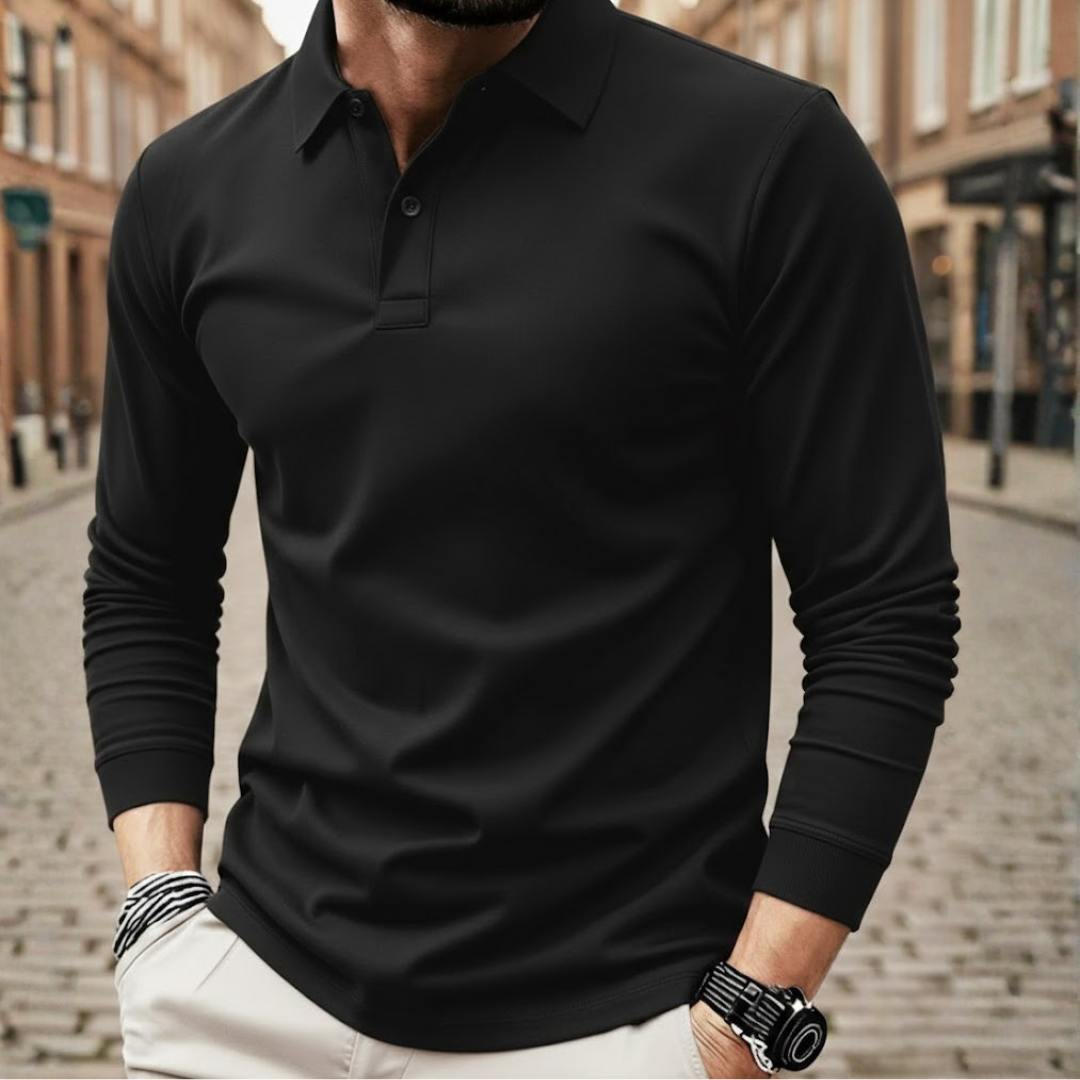 Men's loose fit long sleeve polo shirt in classic casual style, perfect for everyday comfort.
