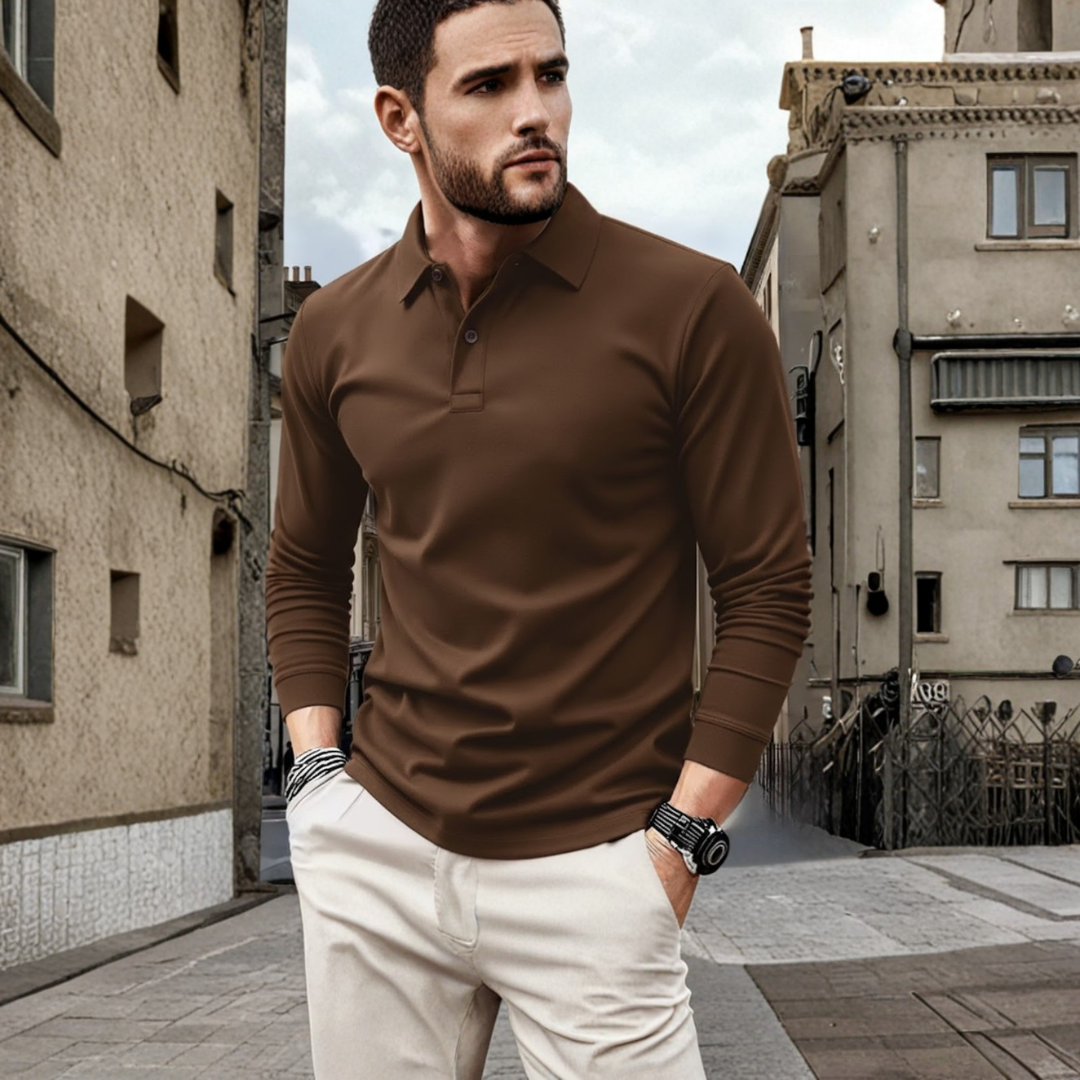 Solid color loose fit long sleeve polo for men, offering classic casual style and everyday comfort.