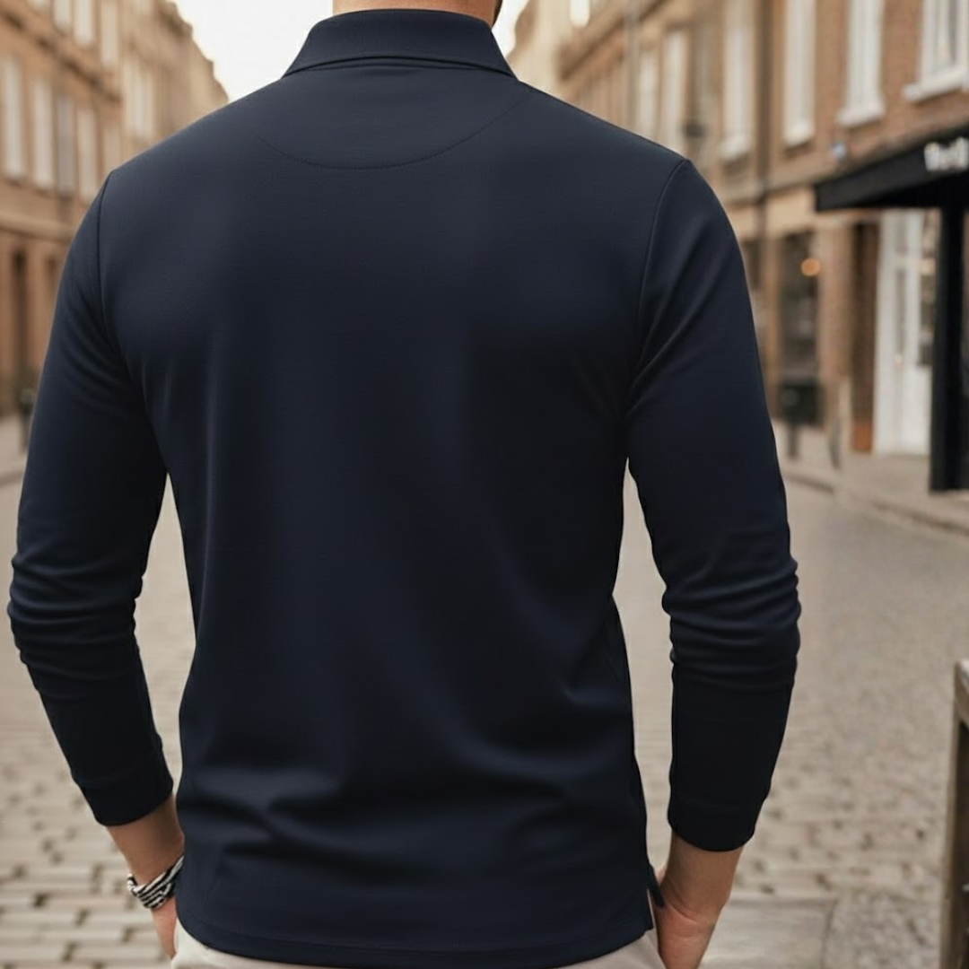 Comfortable men's long sleeve polo, loose fit, solid color, a versatile top for casual spring & autumn wear.