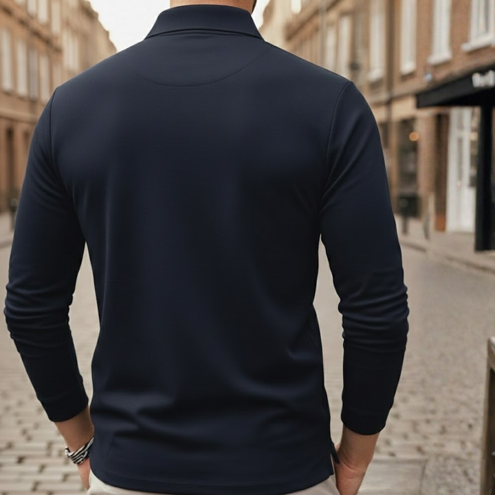 Comfortable men's long sleeve polo, loose fit, solid color, a versatile top for casual spring & autumn wear.