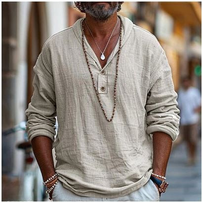 Men's loose-fit short sleeve linen shirt in white, perfect for summer casual comfort and breathability.