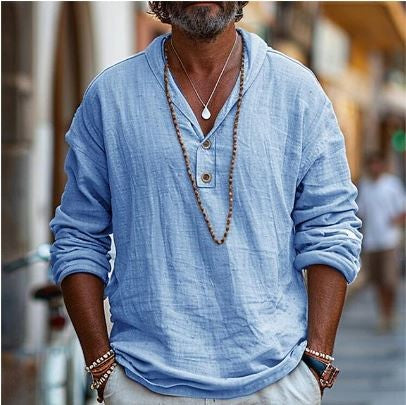 Breathable men's summer shirt, short sleeve 'Luca' linen, styled for comfort and casual menswear.