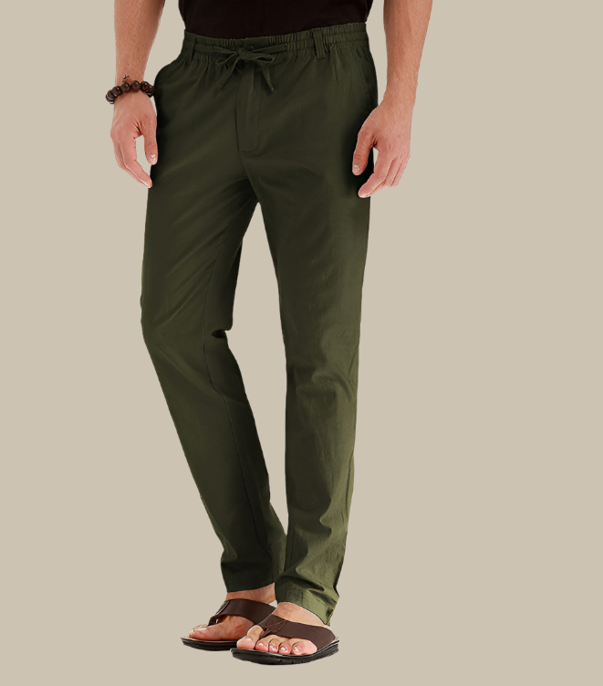 Men's comfortable loose fit pants with elastic waist, great for casual summer fashion & relaxed wear.