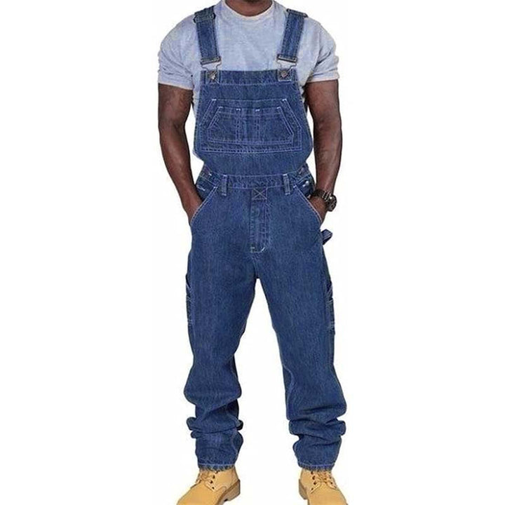 Men's loose fit work bib overalls with multiple utility pockets for durable outdoor workwear. Practical design.