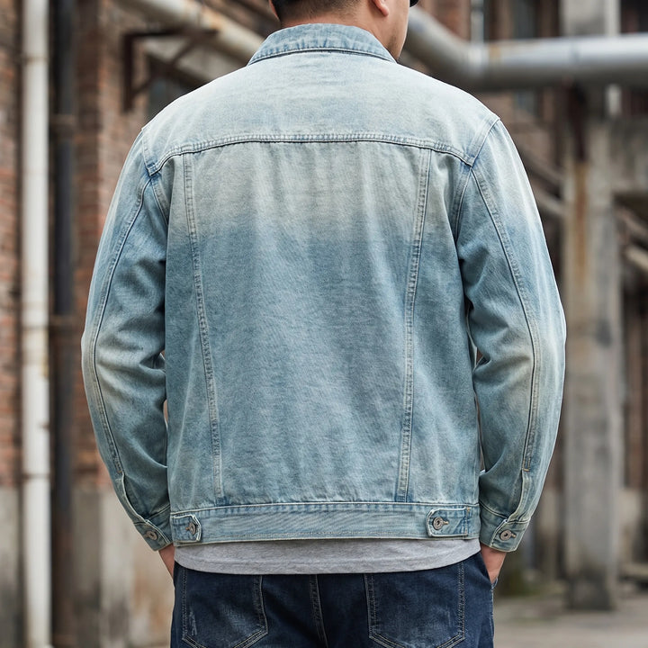 Men's loose fit zip-up denim jacket, perfect for streetwear & casual everyday fashion.